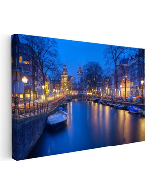 Kanvas Tablo Amsterdam Kanalı Gece Manzarası Şehir Mimari Tablo Ev Ofis Duvar Dekoru