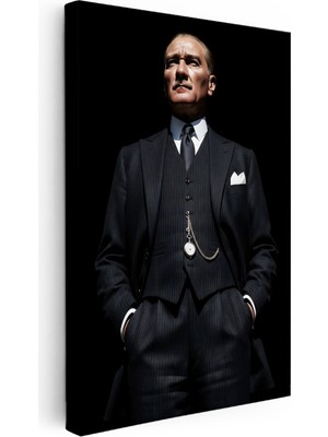 Kanvas Tablo Atatürk Yelekli Takım Köstekli Saat Atatürk Tablosu Ev Ofis Duvar Dekoru