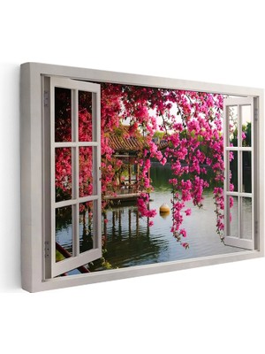 Kanvas Tablo Pencere Önü Pembe Çiçekli Göl Manzara ve Doğa Tablosu Ev Ofis Duvar Dekoru