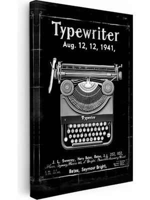 Kanvas Tablo Daktilo Makinesi Patent Çizimi Üstten Görünüm Vintage Tablo Ev Ofis Duvar Dekoru