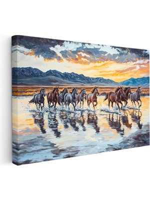Kanvas Tablo Yağlı Boya Görünümlü At Sürüsü At Tablosu Ev Ofis Duvar Dekoru