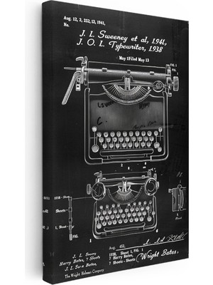 Kanvas Tablo Daktilo Patent Çizimi Iki Farklı Görünüm Vintage Tablo Ev Ofis Duvar Dekoru