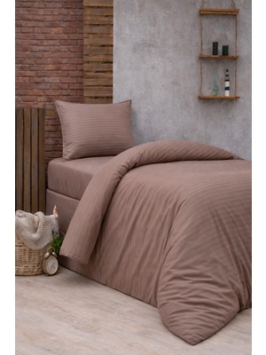 Vionetta Pamuk Saten Kahve Çizgili Otel Serisi Lastikli Çarşaflı Tek Kişilik Nevresim Takımı