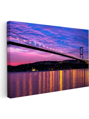Kanvas Tablo Istanbul Köprüsü Mor Gökyüzü ve Yansıma Şehir Mimari Tablo Ev Ofis Duvar Dekoru