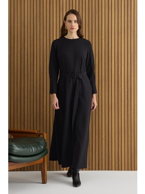 Aker Siyah Kemerli Evaze Elbise