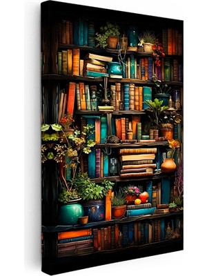 Kanvas Tablo Bitkili Kitaplık Illüstrasyon Tablo Ev Ofis Duvar Dekoru