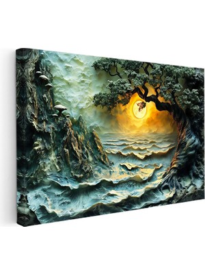 Kanvas Tablo Kayalık Sahil ve Güneş Dokusu Kabartma Görünümlü Tablo Ev Ofis Duvar Dekoru