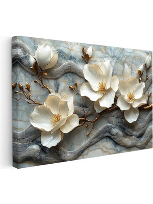 Kanvas Tablo Mermer Görünümlü Manolya Dalı Çiçek Tablosu Ev Ofis Duvar Dekoru