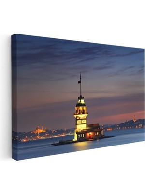 Kanvas Tablo Kız Kulesi Dingin Deniz ve Işıklar Şehir Mimari Tablo Ev Ofis Duvar Dekoru