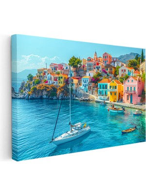 Kanvas Tablo Renkli Sahil Kasabası ve Tekneler Şehir Mimari Tablo Ev Ofis Duvar Dekoru