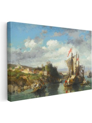 Kanvas Tablo Osmanlı Kıyı Yerleşimi Yelkenli Sahnesi Ev Ofis Duvar Dekoru