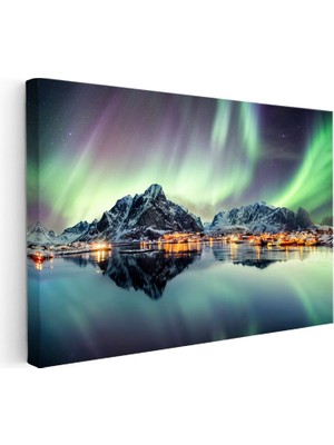 Kanvas Tablo Kuzey Işıkları ve Sahil Kasabası Manzara Tablosu Ev Ofis Duvar Dekoru