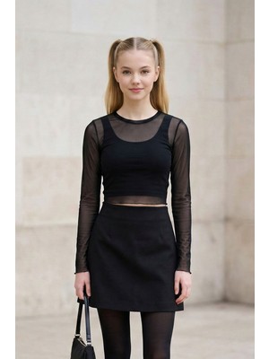 Lupinn Kız Siyah Tül Detaylı Uzun Kollu Crop Bluz Transparan Modern Şık Üst-Bluz