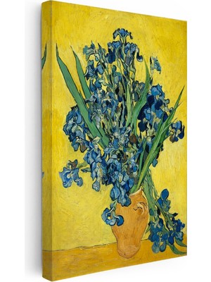 Kanvas Tablo Vincent Van Gogh Mavi Irisler Sarı Fonlu Vazo Ressam Tablosu Ev Ofis Dekoru