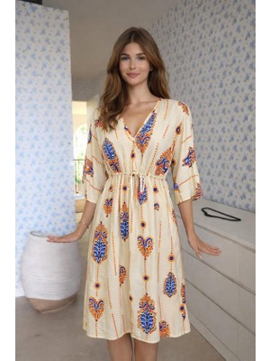 Flamex Kadın V Yaka Beli Bağçık Detay Etnik Desen Baskılı Midi Boy Elbise