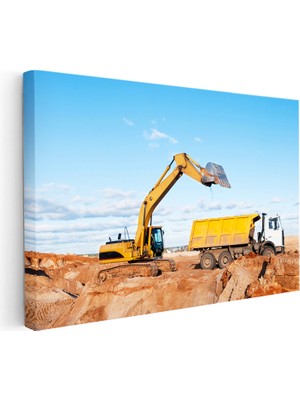 Kanvas Tablo Ekskavatör ve Kamyon Hafriyat Yükleme Anı Iş Makinesi Tablosu Ev Ofis Dekoru