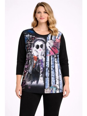 Şans Kadın Büyük Beden Siyah, Düşük Kol, Baskı ve Taş Detaylı, Bisiklet Yaka Bluz 65N39361