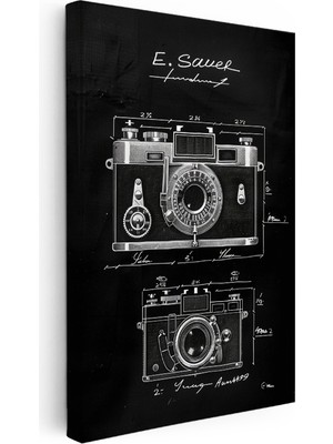 Kanvas Tablo Eski Fotoğraf Makinesi Patent Çizimi Ön Yüz Vintage Tablo Ev Ofis Duvar Dekoru
