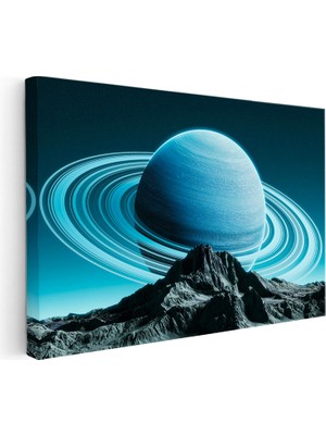 Kanvas Tablo Dağ Zirvesi ve Halkalı Mavi Gezegen Manzara Tablosu Ev Ofis Duvar Dekoru