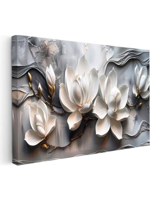 Kanvas Tablo Kabartma Görünümlü Manolyalar Çiçek Tablosu Ev Ofis Duvar Dekoru