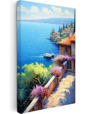 Kanvas Tablo Sahil Kasabası ve Çiçekli Balkon Şehir Mimari Tablo Ev Ofis Duvar Dekoru