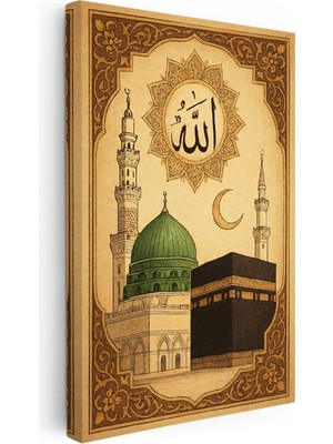Kanvas Tablo Kabe ve Mescidi Nebevi Yeşil Kubbe Dini Islami Tablo Ev Ofis Duvar Dekoru