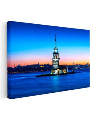 Kanvas Tablo Kız Kulesi Mavi Deniz ve Gün Batımı Şehir Mimari Tablo Ev Ofis Duvar Dekoru
