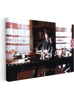 Kanvas Tablo Atatürk Çalışma Odası Kitaplık Atatürk Tablosu Ev Ofis Duvar Dekoru