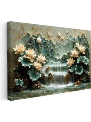 Kanvas Tablo Şelaleli Dağ Nilüfer Bahçesi Çiçek Tablosu Ev Ofis Duvar Dekoru
