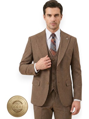 HERMOSE Riviera | Havana Kahvesi Dokulu Gofre Çizgili Yelekli Takım Elbise