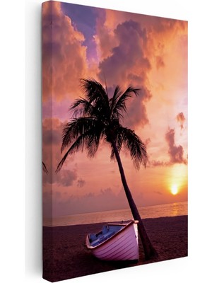 Kanvas Tablo Gün Batımı Kumsalda Kayık ve Palmiye Manzara Tablosu Ev Ofis Duvar Dekoru