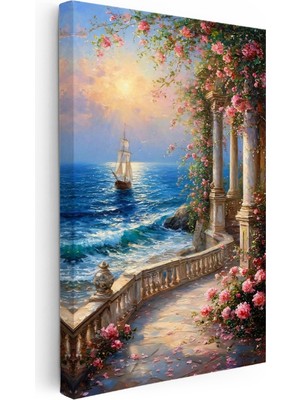 Kanvas Tablo Güllü Sütunlu Sahil ve Yelkenli Manzara ve Doğa Tablosu Ev Ofis Duvar Dekoru