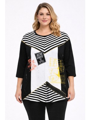 Şans Kadın Büyük Beden Siyah, Bisiklet Yaka, Düşük Kol, Baskı Detaylı Viskon Tunik 65N39396