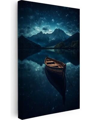 Kanvas Tablo Gece Gölü Ahşap Kayık ve Dağ Manzarası Manzara Tablosu Ev Ofis Duvar Dekoru