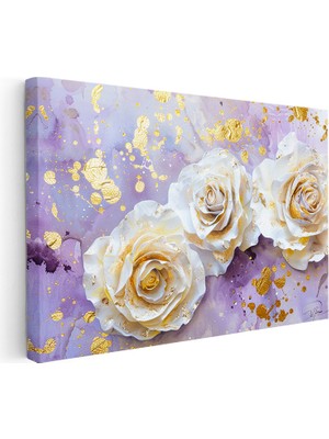 Kanvas Tablo Altın Yaldız Görünümlü Güller Çiçek Tablosu Ev Ofis Duvar Dekoru
