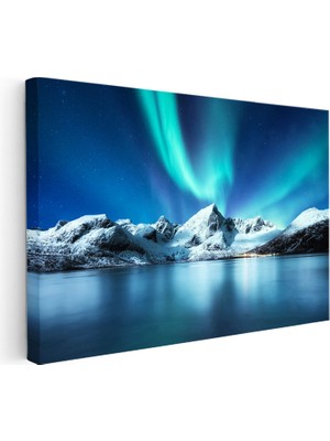 Kanvas Tablo Aurora Altında Karlı Dağ Manzara Tablosu Ev Ofis Duvar Dekoru