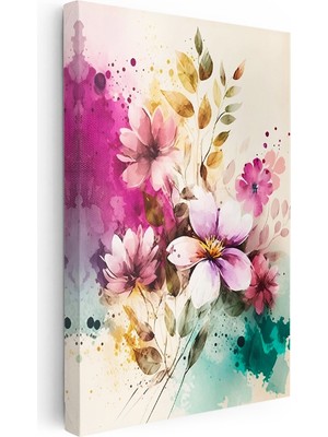 Kanvas Tablo Sulu Boya Görünümlü Çiçek Çiçek Tablosu Ev Ofis Duvar Dekoru
