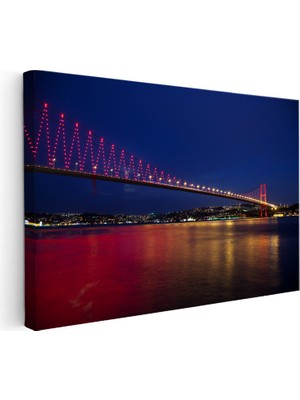Kanvas Tablo Boğaz Köprüsü Kırmızı Gece Yansımaları Şehir Mimari Tablo Ev Ofis Duvar Dekoru