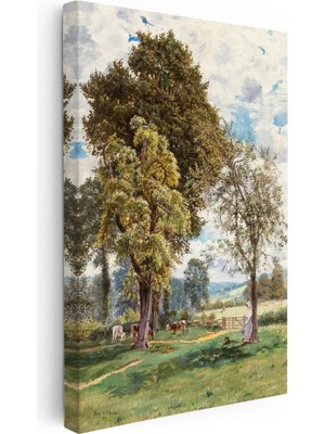 Kanvas Tablo T.s.c. Ağaç Altı Çiftlik Manzarası Inekler ve Figür Ressam Tablosu Ev Ofis Dekoru