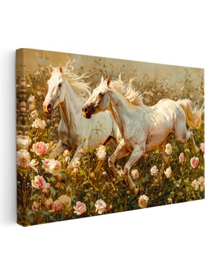 Kanvas Tablo Gül Bahçesindeki Atlar At Tablosu Ev Ofis Duvar Dekoru
