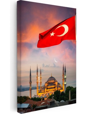 Kanvas Tablo Dalgalanan Türk Bayrağı ve Cami Şehir Mimari Tablo Ev Ofis Duvar Dekoru