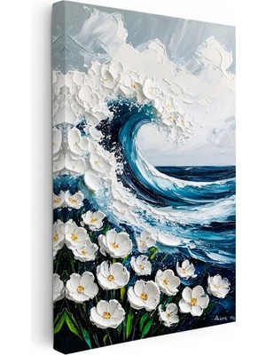 Kanvas Tablo Çiçekli Deniz Dalgası Kabartma Görünümlü Tablo Ev Ofis Duvar Dekoru