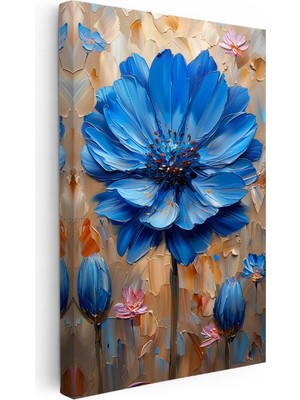 Kanvas Tablo Kabartma Görünümlü Mavi Çiçek Tablosu Ev Ofis Duvar Dekoru