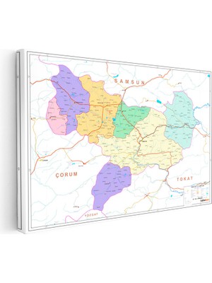 Kanvas Tablo Amasya Renkli Bölge ve Sınırlar Harita Tablosu Ev Ofis Duvar Dekoru