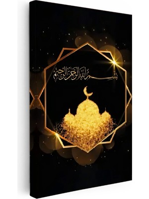 Kanvas Tablo Cami Silüeti ve Besmele Altın Efektli Dini Islami Tablo Ev Ofis Duvar Dekoru