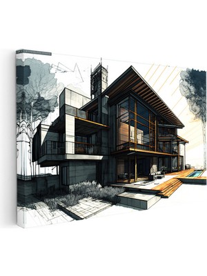 Kanvas Tablo Havuzlu Villa Mimari Teknik Çizimi Mimar Tablosu Ev Ofis Duvar Dekoru