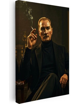 Kanvas Tablo Atatürk Boğazlı Kazak Ceket Sigara Atatürk Tablosu Ev Ofis Duvar Dekoru