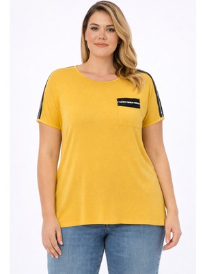 Şans Kadın Büyük Beden Hardal, Cep Ağzı ve Omuz Taş Detaylı Viskon Bluz 65N39393