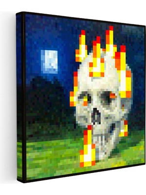 Kanvas Tablo Skull On Fire Piksel Minecraft Tablosu Ev Ofis Salon Duvar Dekoru