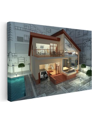 Kanvas Tablo Kesit Ev Modeli ve Iç Mekan Mimar Tablosu Ev Ofis Duvar Dekoru